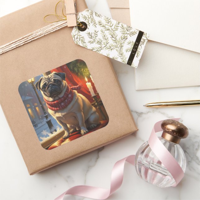 Pug with Christmas Lights Holiday Square Sticker (Gifting)