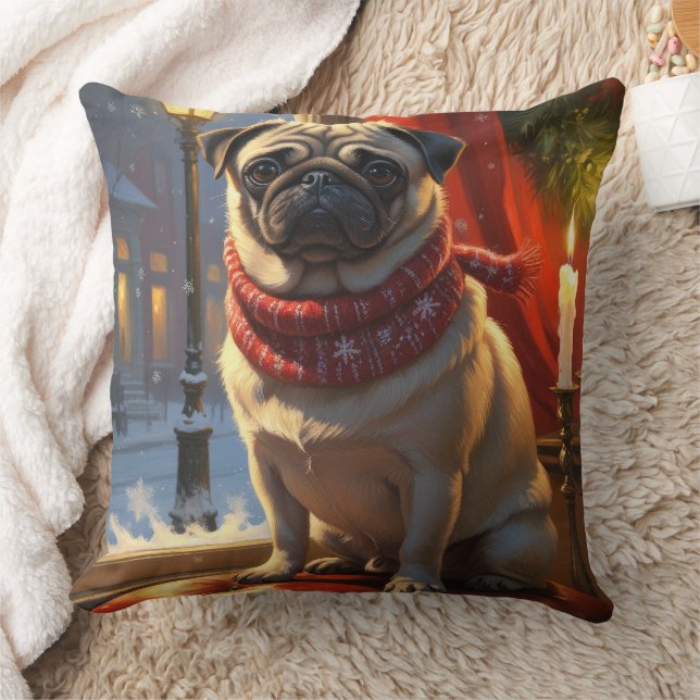 Pug with Christmas Lights Holiday Throw Pillow (Blanket)