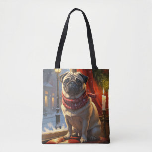 Pug with Christmas Lights Holiday Tote Bag