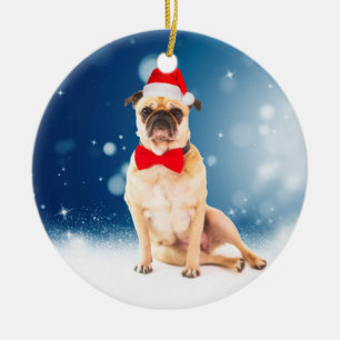 Pug with Christmas Santa Hat Ceramic Ornament