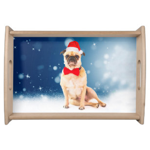 Pug with Christmas Santa Hat Serving Tray