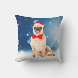 Pug with Christmas Santa Hat Throw Pillow