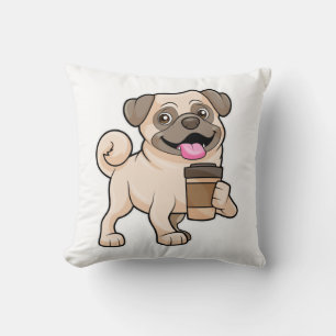 Pug with Coffee to go Throw Pillow