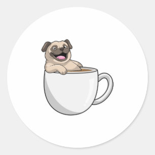Pug with Cup of Coffee Classic Round Sticker