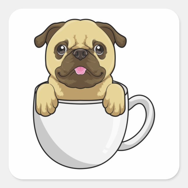 Pug with Cup of Coffee Square Sticker (Front)