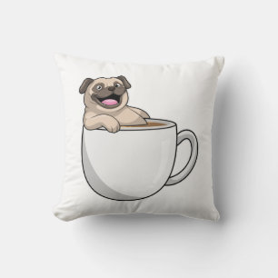 Pug with Cup of Coffee Throw Pillow