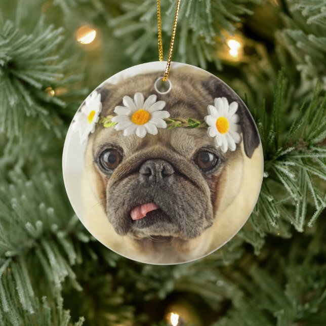 Pug with Daisy Crown Ceramic Ornament (Tree)