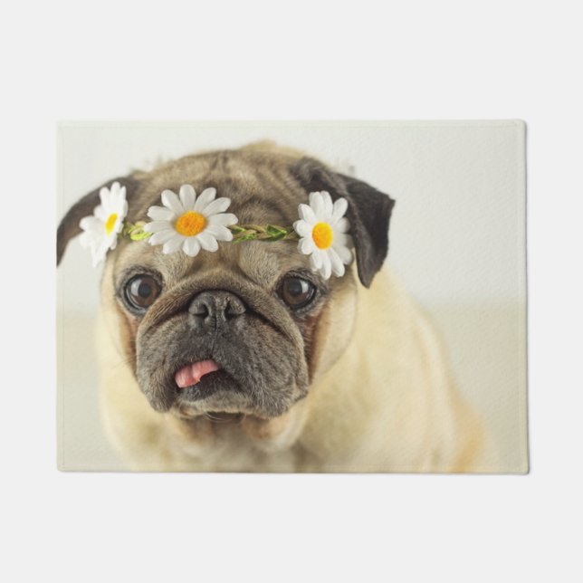 Pug with Daisy Crown Doormat (Front)