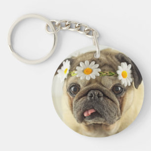 Pug with Daisy Crown Keychain