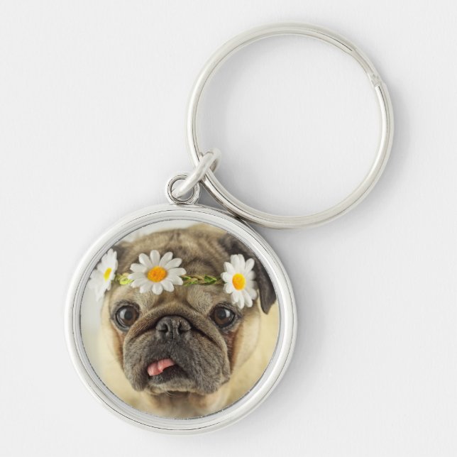 Pug with Daisy Crown Keychain (Front)