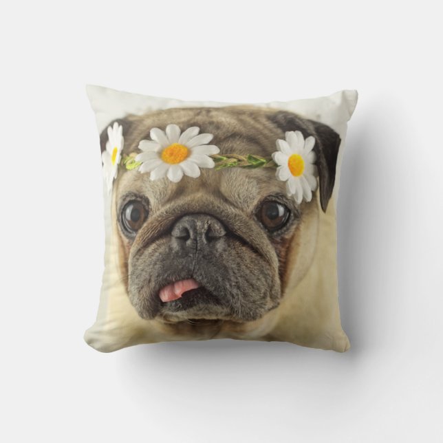 Pug with Daisy Crown Throw Pillow (Front)