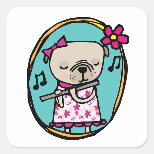 Pug with Flute Square Sticker (Front)