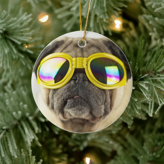 Pug with Goggles Ceramic Ornament (Tree)