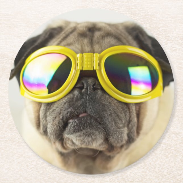 Pug with Goggles Round Paper Coaster (Front)