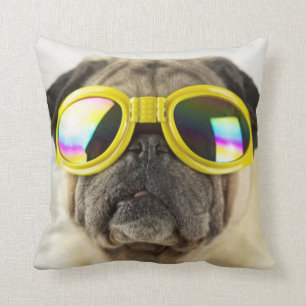 Pug with Goggles Throw Pillow