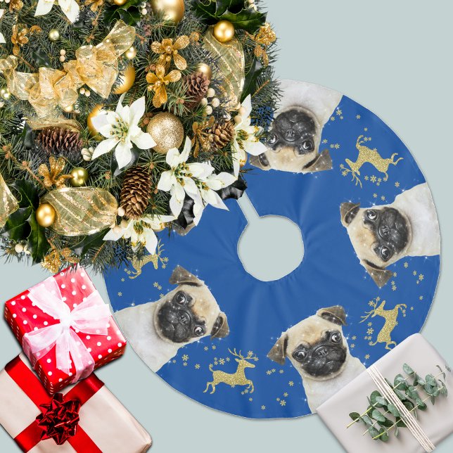 Pug with Gold Glitter Deer Christmas | Blue Brushed Polyester Tree Skirt (Creator Uploaded)