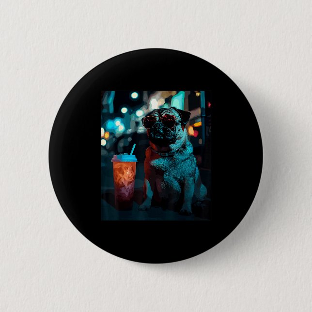 Pug with iced coffee  2 inch round button (Front)
