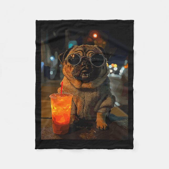 Pug with iced coffee  fleece blanket (Front)