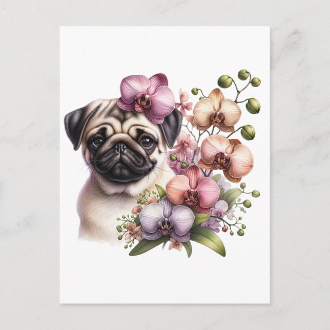 Pug with Orchid Branch, Postcrossing Postcard (Front)