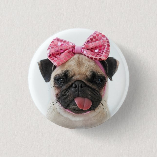 Pug with Pink Bow 1 Inch Round Button (Front)