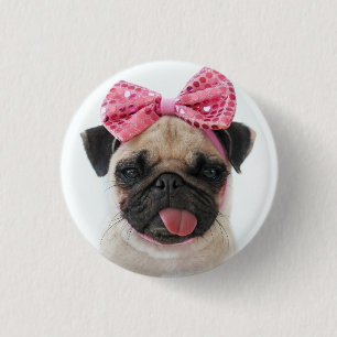 Pug with Pink Bow 1 Inch Round Button