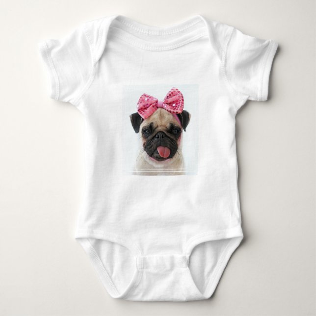 Pug with Pink Bow Baby Bodysuit (Front)