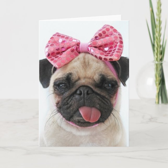 Pug with Pink Bow Card (Front)