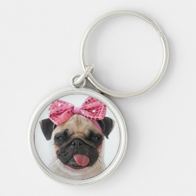 Pug with Pink Bow Keychain (Front)