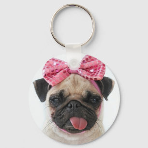 Pug with Pink Bow Keychain