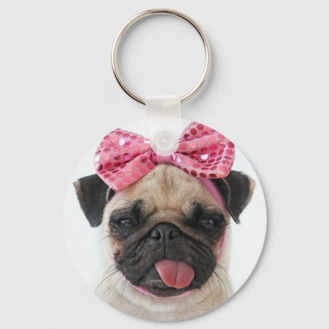 Pug with Pink Bow Keychain (Front)