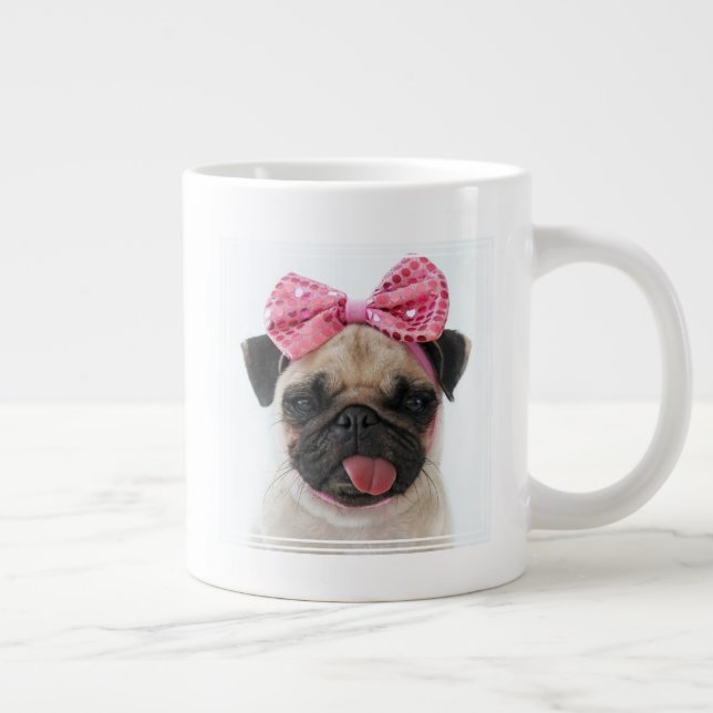 Pug with Pink Bow Large Coffee Mug (Right)