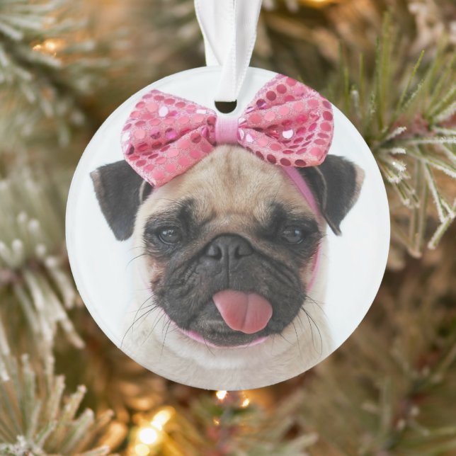 Pug with Pink Bow Ornament (Tree)