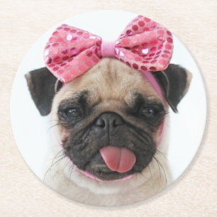 Pug with Pink Bow Round Paper Coaster