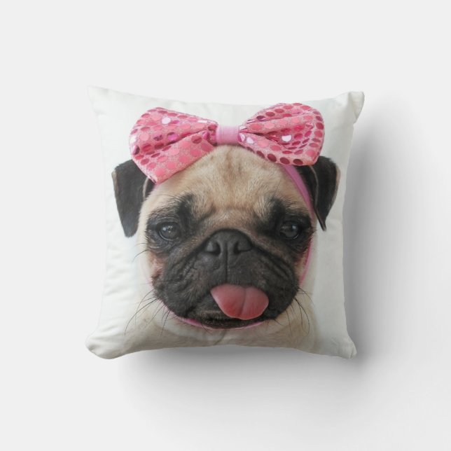 Pug with Pink Bow Throw Pillow (Front)