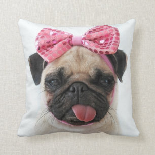 Pug with Pink Bow Throw Pillow