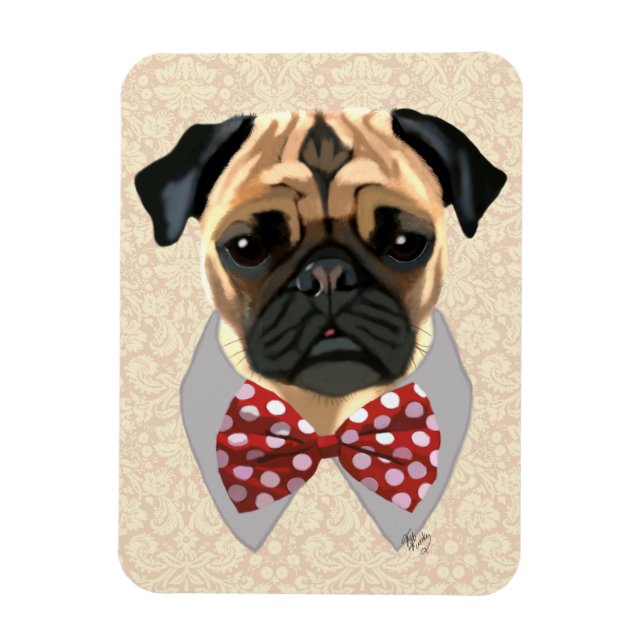 Pug with Red and White Spotty Bow Tie Magnet (Vertical)