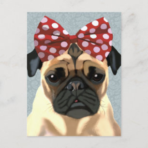 Pug with Red Spotty Bow On Head 2 Postcard