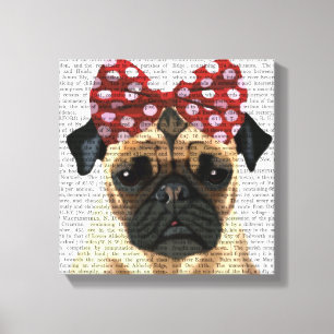 Pug with Red Spotty Bow On Head Canvas Print