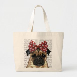 Pug with Red Spotty Bow On Head Large Tote Bag