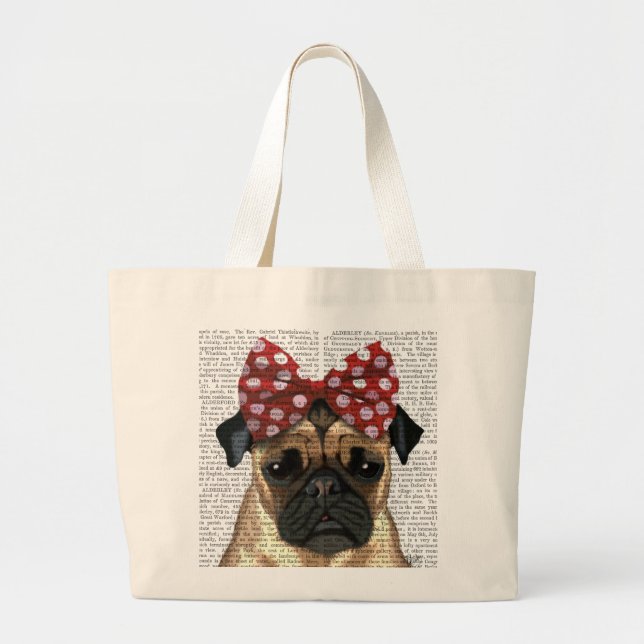 Pug with Red Spotty Bow On Head Large Tote Bag (Front)