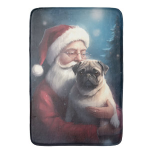 Pug With Santa Claus Festive Christmas Bath Mat