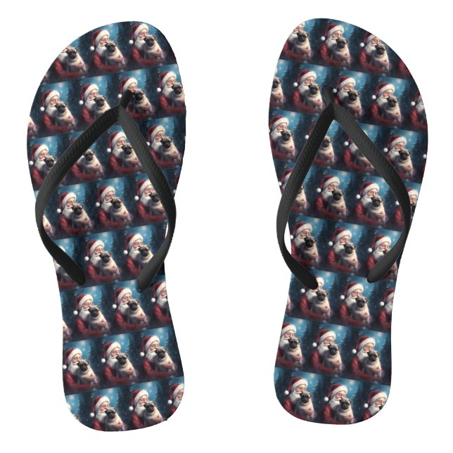 Pug With Santa Claus Festive Christmas Flip Flops (Footbed)