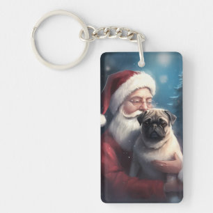 Pug With Santa Claus Festive Christmas Keychain