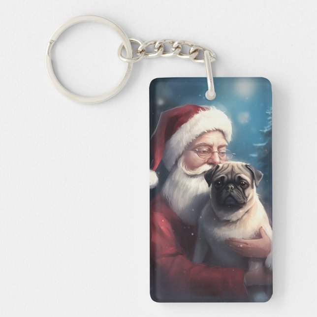 Pug With Santa Claus Festive Christmas Keychain (Front)