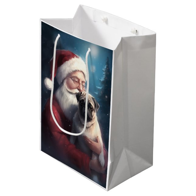Pug With Santa Claus Festive Christmas Medium Gift Bag (Front Angled)