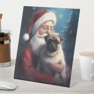 Pug With Santa Claus Festive Christmas Pedestal Sign