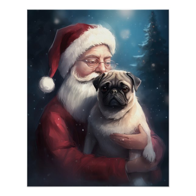 Pug With Santa Claus Festive Christmas Poster (Front)
