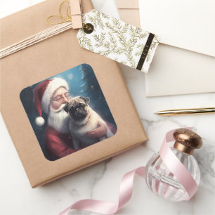 Pug With Santa Claus Festive Christmas Square Sticker