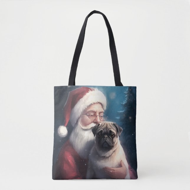 Pug With Santa Claus Festive Christmas Tote Bag (Front)