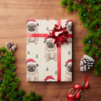 Pug with Santa hat rustic Christmas Wrapping Paper